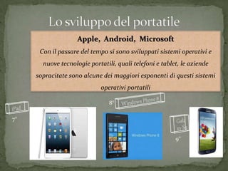 Apple, Android, Microsoft
Con il passare del tempo si sono sviluppati sistemi operativi e
nuove tecnologie portatili, quali telefoni e tablet, le aziende
sopracitate sono alcune dei maggiori esponenti di questi sistemi
operativi portatili
7°
8°
9°
 