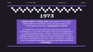 P100 WT-FAX 100 Wed 24 Oct 14.09.4
1973
Robert Kahn e Vinton Cerf, due esperti informatici
statunitensi, inventano una nuova procedura di
trasmissione dei dati: il protocollo T.C.P/I.P
Un sistema che permette a qualunque computer
connesso a una rete di inviare, ricevere ed elaborare
grosse quantità di dati in modo veloce ed efficente.
Questo sistema permette a diversi computer in tutto il
mondo di collegarsi a server o altri computer, creando
una connessione globale che iniziò ad essere definita
INTERNET.
 