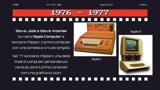 P100 WT-FAX 100 Wed 24 Oct 14.09.4
1976 - 1977
Steve Jobs e Steve Wosniak
avviano Apple Computer e
lanciano l’Apple I, il primo computer
con una scheda a circuito singola.
Nel 77’ lanciano l’Apple II, una delle
linee di computer personale più
vendute, ed è il primo computer
con una grafica a colori.
Apple I
Apple II
 