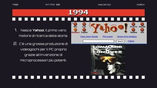 P100 WT-FAX 100 Wed 24 Oct 14.09.4
1994
1. Nasce Yahoo!, il primo vero
motore di ricerca della storia.
2. C’è una grossa produzione di
videogiochi per il PC proprio
grazie all’invenzione di
microprocessori più potenti.
 