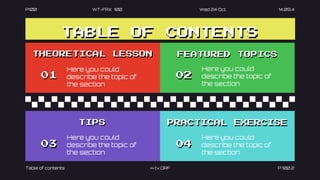 P100 WT-FAX 100 Wed 24 Oct 14.09.4
TABLE OF CONTENTS
THEORETICAL LESSON
Here you could
describe the topic of
the section
Here you could
describe the topic of
the section
TIPS
Here you could
describe the topic of
the section
PRACTICAL EXERCISE
Here you could
describe the topic of
the section
FEATURED TOPICS
01 02
04
03
Table of contents >> tv.ORF P.100.2
 