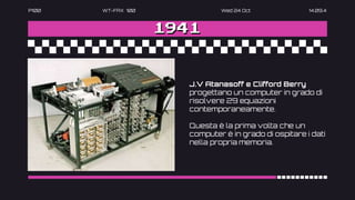 P100 WT-FAX 100 Wed 24 Oct 14.09.4
1941
J.V Atanasoff e Clifford Berry
progettano un computer in grado di
risolvere 29 equazioni
contemporaneamente.
Questa è la prima volta che un
computer è in grado di ospitare i dati
nella propria memoria.
 