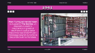 P100 WT-FAX 100 Wed 24 Oct 14.09.4
1941
Alan Turing ed Harold Keen
sviluppano The Bombe, un
dispositivo elettro
meccanico in grado di
decifrare il codice della
macchina nazi ENIGMA per i
messaggi segreti durante la
Seconda Guerra Mondiale.
Tips >> tv.ORF P.300.1
 