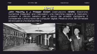 P100 WT-FAX 100 Wed 24 Oct 14.09.4
John Mauchly e J. Presper Eckert costruiscono l’ENIAC (Electronic
Numerical Integrator and Calculator), una macchina capace di risolvere i
problemi di calcolo balistico per il lancio dei proiettili d’artiglieria. È
considerata il precursore dei computer digitali. Pesava circa 30 tonnellate
ed occupava una stanza intera.
1943
 
