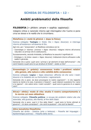 mario cina
12
SCHEDA DI FILOSOFIA - 12 -
Ambiti problematici della filosofia
FILOSOFIA (= philein: amare + sophia: sapienza):
indagine critica e razionale intorno agli interrogativi che l'uomo si pone
circa se stesso e le realtà che lo circondano.
Metafisica (= metà tà phisicà = dopo la fisica)
Scienza collegata: Teologia (= theòs: Dio + lògos: discorso): si interroga
intorno all'esistenza e all'essenza di Dio.
Agli inizi, per i “presocratici”, la Metafisica coincideva con la:
- Cosmologia (= kòsmos: universo + lògos: discorso): indagine intorno all'universo
naturale e ai principi che lo costituiscono.
Successivamente, secondo Aristotele, la Metafisica ha assunto il significato di:
- Ontologia (= òn òntos: essere + lògos: discorso): trattazione intorno all'essere o alla
realtà in generale.
Domande che si pone: quali sono i principi o gli elementi di base dell'Universo? - che
cos'è l'essere e quali sono le sue strutture di fondo? - esiste un Dio?
Gnoseologia (= gnòsis): conoscenza: tratta i problemi relativi
alla genesi, alla natura e alla validità della conoscenza
Scienza collegata: Logica = lògos (discorso): affronta ciò che sono i nostri
discorsi e le modalità con cui formuliamo i ragionamenti.
Domande che si pone: da dove provengono le nostre cognizioni? - in che rapporto
stanno la mente e le cose, il pensiero e l'essere? - quali relazioni sussistono fra i sensi
e la ragione? - che valore anno i nostri concetti? - quali sono le garanzie di un sapere
vero?
Etica(= ethòs): modo di vita: studia il nostro comportamento e
le norme cui esso obbedisce
Scienza collegata: Filosofia politica: si occupa dei problemi relativi alla vita
associata, alla giustizia, alla libertà, al fine dello Stato.
Domande che si pone: qual è il fine dello Stato? - quali sono le forme ottimali di
governo? - chi deve comandare? - che cos’è la giustizia? - che cos'è la libertà?
Altre tematiche filosofiche:
Filosofia del diritto - Estetica (arte e bellezza) - Filosofia del linguaggio -
Epistemologia (scienza) - Filosofia della storia.
 
