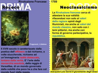 PRIMA  DOPO Il XVIII secolo è caratterizzato dalla poetica dell’ effimero  e dal richiamo, a volte stucchevole, richiamo ad un’immaginaria  realtà distaccata ,  lontana dalla verità . E’ l’arte della  monarchia assoluta , della reggia di Versailles, di un mondo governato dalla nobiltà che poco ha a che fare col mondo fuori dalla reggia. La  Rivoluzione francese  cerca di attestare la sua validità rifacendosi non solo ai  valori della ragione  spinti dagli Illuministi, ma anche ai  valori del mondo classico , non solo con i temi pittorici, ma anche con forme di governo partecipative, la  repubblica . Jeacques-Luis David  Il giuramento degli Orazi Fragonard,  L’altalena Neoclassicismo Rococò Rivoluzione Francese  1789 