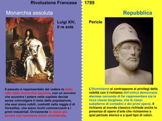 Rivoluzione Francese  1789 Monarchia assoluta Repubblica Il passato è rappresentato dal vedere lo  stato retto dalla monarchia assoluta , con un sovrano che accentra i potere nella capitale decide senza coinvolgere il resto della popolazione, che essi siano nobili, costretti nella reggia d di Versailles, che siano ricchi commercianti e i primi industriali. Ovviamente  le classi più povere non nemmeno erano considerate . L’ illuminismo  si contrappone ai privilegi della nobiltà con il richiamo  dell’antica democrazia ateniese cercando di far rappresentare sia la ricca classe borghese, che le classi subalterne di contadini e dei primi operai . Il richiamo al mondo classico richiede anche la presenza di opere d’arte che richiamino a quel periodo storico e a quel tipo di valori. Luigi XIV, il re sole Pericle 
