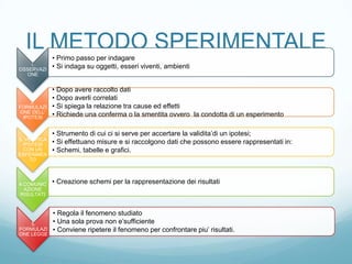 IL METODO SPERIMENTALE
              • Primo passo per indagare
    1.
OSSERVAZI
              • Si indaga su oggetti, esseri viventi, ambienti
  ONE


              • Dopo avere raccolto dati
              • Dopo averli correlati
     2.
FORMULAZI     • Si spiega la relazione tra cause ed effetti
 ONE DELL’
  IPOTESI     • Richiede una conferma o la smentita ovvero la condotta di un esperimento

              • Strumento di cui ci si serve per accertare la validita’di un ipotesi;
3. VERIFICA
  IPOTESI     • Si effettuano misure e si raccolgono dati che possono essere rappresentati in:
  CON UN      • Schemi, tabelle e grafici.
ESPERIMEN
     TO




4.COMUNIC     • Creazione schemi per la rappresentazione dei risultati
  AZIONE
RISULTATI


              • Regola il fenomeno studiato
    5.        • Una sola prova non e’sufficiente
FORMULAZI     • Conviene ripetere il fenomeno per confrontare piu’ risultati.
ONE LEGGE
 