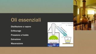 Oli essenziali
Distillazione a vapore
Enfleurage
Pressione a freddo
Estrazione
Macerazione
 