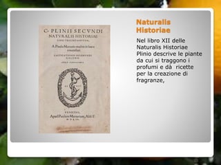 Naturalis
Historiae
Nel libro XII delle
Naturalis Historiae
Plinio descrive le piante
da cui si traggono i
profumi e dà ricette
per la creazione di
fragranze,
 