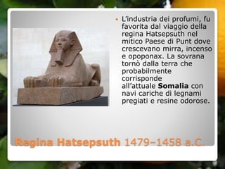 Regina Hatsepsuth 1479–1458 a.C.
 L’industria dei profumi, fu
favorita dal viaggio della
regina Hatsepsuth nel
mitico Paese di Punt dove
crescevano mirra, incenso
e opoponax. La sovrana
tornò dalla terra che
probabilmente
corrisponde
all’attuale Somalia con
navi cariche di legnami
pregiati e resine odorose.
 