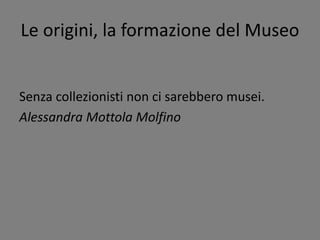 Le origini, la formazione del Museo
Senza collezionisti non ci sarebbero musei.
Alessandra Mottola Molfino
 