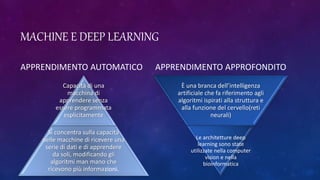MACHINE E DEEP LEARNING
APPRENDIMENTO AUTOMATICO APPRENDIMENTO APPROFONDITO
È una branca dell’intelligenza
artificiale che fa riferimento agli
algoritmi ispirati alla struttura e
alla funzione del cervello(reti
neurali)
Le architetture deep
learning sono state
utilizzate nella computer
vision e nella
bioinformatica
Capacità di una
macchina di
apprendere senza
essere programmata
esplicitamente
Si concentra sulla capacità
delle macchine di ricevere una
serie di dati e di apprendere
da soli, modificando gli
algoritmi man mano che
ricevono più informazioni.
 