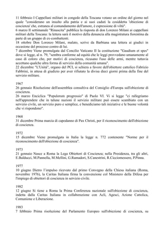 11 febbraio I Cappellani militari in congedo della Toscana votano un ordine del giorno nel
quale "considerano un insulto alla patria e ai suoi caduti la cosiddetta 'obiezione di
coscienza' che, estranea al comandamento dell'amore, è espressione di viltà".
6 marzo Il settimanale "Rinascita" pubblica la risposta di don Lorenzo Milani ai cappellani
militari della Toscana: la lettera sarà il motivo della denuncia alla magistratura fiorentina da
parte di un gruppo di ex-combattenti.
18 ottobre Don Lorenzo Milani, malato, scrive da Barbiana una lettera ai giudici in
occasione del processo contro di lui.
7 dicembre Viene promulgata dal Concilio Vaticano II la costituzione "Gaudium et spes"
dove si legge, al n. 79, "sembra conforme ad equità che le leggi provvedano umanamente al
caso di coloro che, per motivi di coscienza, ricusano l'uso delle armi, mentre tuttavia
accettano qualche altra forma di servizio della comunità umana".
22 dicembre "L'Unità", organo del PCI, si schiera a favore dell'obiettore cattolico Fabrizio
Fabbrini, in attesa di giudizio per aver rifiutato la divisa dieci giorni prima della fine del
servizio militare.
1967
26 gennaio Risoluzione dell'assemblea consultiva del Consiglio d'Europa sull'obiezione di
coscienza.
26 marzo Enciclica "Populorum progressio" di Paolo VI. Vi si legge "ci rallegriamo
nell'apprendere che in talune nazioni il servizio militare può essere scambiato con un
servizio civile, un servizio puro e semplice, e benediciamo tali iniziative e le buone volontà
che vi rispondono".
1968
31 dicembre Prima marcia di capodanno di Pax Christi, per il riconoscimento dell'obiezione
di coscienza.
1972
15 dicembre Viene promulgata in Italia la legge n. 772 contenente "Norme per il
riconoscimento dell'obiezione di coscienza".
1973
21 gennaio Nasce a Roma la Lega Obiettori di Coscienza; nella Presidenza, tra gli altri,
E.Balducci, M.Pannella, M.Mellini, G.Ramadori, S.Canestrini, R.Cicciomessere, P.Pinna.
1977
10 giugno Dietro l’impulso ricevuto dal primo Convegno della Chiesa italiana (Roma,
novembre 1976), la Caritas Italiana firma la convenzione col Ministero della Difesa per
l'impiego di obiettori di coscienza in servizio civile.
1982
12 giugno Si tiene a Roma la Prima Conferenza nazionale sull'obiezione di coscienza,
indetta dalla Caritas Italiana in collaborazione con Acli, Agesci, Azione Cattolica,
Comunione e Liberazione.
1983
7 febbraio Prima risoluzione del Parlamento Europeo sull'obiezione di coscienza, su
 
