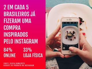 2 EM CADA 5

BRASILEIROS JÁ

FIZERAM UMA 

COMPRA

INSPIRADOS

PELO INSTAGRAM
84%

ONLINE
33%

LOJA FÍSICA
F O N T E : S I L V I A R A M A Z O T T I  
G E R E N T E D E P R O D U T O D O I N S T A G R A M
 