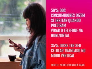 59% DOS
CONSUMIDORES DIZEM

SE IRRITAR QUANDO
PRECISAM

VIRAR O TELEFONE NA
HORIZONTAL

35% DISSE TER SEU
CELULAR TRANCADO NO
MODO VERTICAL
F O N T E : Y O U P I X / T R A I L E R P A R K
 