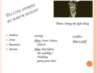  Andrew
 Irene
 Rosemary
 Martin
Theme: Doing the right thing
Conflict:
Man vs Self
Setting:
Place: Irene´s house,
Church
Time: Day before
the wedding /
Wedding
party/years later
 