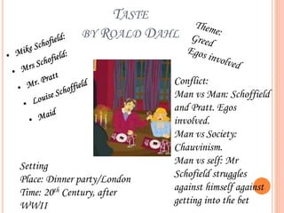 TASTE
BY ROALD DAHL
Conflict:
Man vs Man: Schoffield
and Pratt. Egos
involved.
Man vs Society:
Chauvinism.
Man vs self: Mr
Schofield struggles
against himself against
getting into the bet
Setting
Place: Dinner party/London
Time: 20th Century, after
WWII
 
