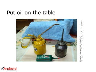 Put oil on the table
ByNerijp-Ownwork,CCBY-SA3.0,
https://commons.wikimedia.org/w/index.php?curid=5145735
 