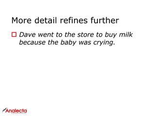 More detail refines further
 Dave went to the store to buy milk
because the baby was crying.
 