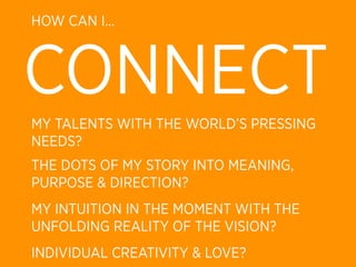 HOW CAN I...



CONNECT
MY TALENTS WITH THE WORLD’S PRESSING
NEEDS?
THE DOTS OF MY STORY INTO MEANING,
PURPOSE & DIRECTION?
MY INTUITION IN THE MOMENT WITH THE
UNFOLDING REALITY OF THE VISION?
INDIVIDUAL CREATIVITY & LOVE?
 