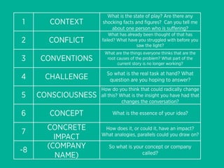What is the state of play? Are there any
1      CONTEXT       shocking facts and ﬁgures? Can you tell me
                         about one person who is suﬀering?
                         What has already been thought of that has
2      CONFLICT      failed? What have you struggled with before you
                                       saw the light?
                      What are the things everyone thinks that are the
3    CONVENTIONS       root causes of the problem? What part of the
                            current story is no longer working?

                       So what is the real task at hand? What
4     CHALLENGE         question are you hoping to answer?
                     How do you think that could radically change
5    CONSCIOUSNESS   all this? What is the insight you have had that
                                changes the conversation?

6      CONCEPT            What is the essence of your idea?

       CONCRETE       How does it, or could it, have an impact?
7                    What analogies, parallels could you draw on?
         IMPACT
       (COMPANY         So what is your concept or company
-8                                    called?
          NAME)
 