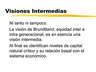 Visiones Intermedias
Ni tanto ni tampoco.
La visión de Brundtland, equidad inter e
intra generacional, es en esencia una
visión intermedia.
Al final se identifican niveles de capital
natural crítico y su relación basal con el
sistema económico.
 