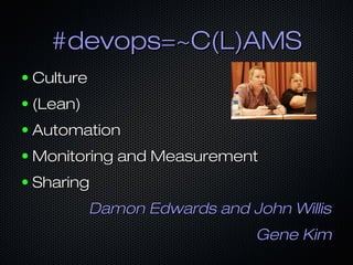 #devops=~C(L)AMS#devops=~C(L)AMS
● CultureCulture
● (Lean)(Lean)
● AutomationAutomation
● Monitoring and MeasurementMonito...