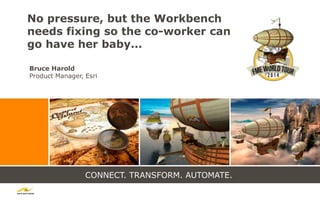 CONNECT. TRANSFORM. AUTOMATE.
No pressure, but the Workbench
needs fixing so the co-worker can
go have her baby...
Bruce Harold
Product Manager, Esri
 