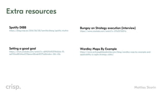 Mattias Skarin
Extra resources
Setting a good goal
https://www.youtube.com/watch?v=djMG9sW2FNk&list=PL
qoFX5ooBh54auO7QpeunS8xqkJl0YPod&index=3&t=43s
Wardley Maps By Example
https://www.activeagileleadership.com/blog/wardley-map-by-example-and-
applicability-in-agile-strategy-video/
Bungay on Strategy execution (interview)
https://www.youtube.com/watch?v=3YkZSYSQYis
Spotify DIBB
https://blog.crisp.se/2016/06/08/henrikkniberg/spotify-rhythm
 