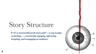 Story Structure
It’s a measurable push and a pull — a way to play
on feelings — consistently engaging, informing,
tempting, and reengaging an audience.
 