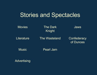 Stories and Spectacles Advertising Pearl Jam Music Confederacy of Dunces The Wasteland Literature Jaws The Dark Knight Movies 