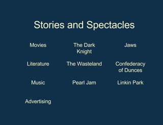 Stories and Spectacles Advertising Linkin Park Pearl Jam Music Confederacy of Dunces The Wasteland Literature Jaws The Dark Knight Movies 
