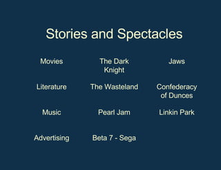 Stories and Spectacles Beta 7 - Sega Advertising Linkin Park Pearl Jam Music Confederacy of Dunces The Wasteland Literature Jaws The Dark Knight Movies 