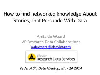 How to find networked knowledge:About
Stories, that Persuade With Data
Anita de Waard
VP Research Data Collaborations
a.dewaard@elsevier.com
Federal Big Data Meetup, May 20 2014
 