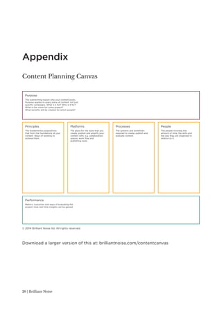 Appendix 
Content Planning Canvas 
Purpose 
The overarching reason why your content exists. 
Purpose applies to every piec...
