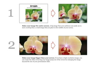 Make your image the entire screen. A big image that your audience can easily see is
more exciting than a small image that you place in the middle of your screen.
Make your image bigger than your screen. If you have a high-resolution image, you
can create the effect of having your image jump out of the screen by enlarging the image
beyond the size of your presentation slide.
1
2
 
