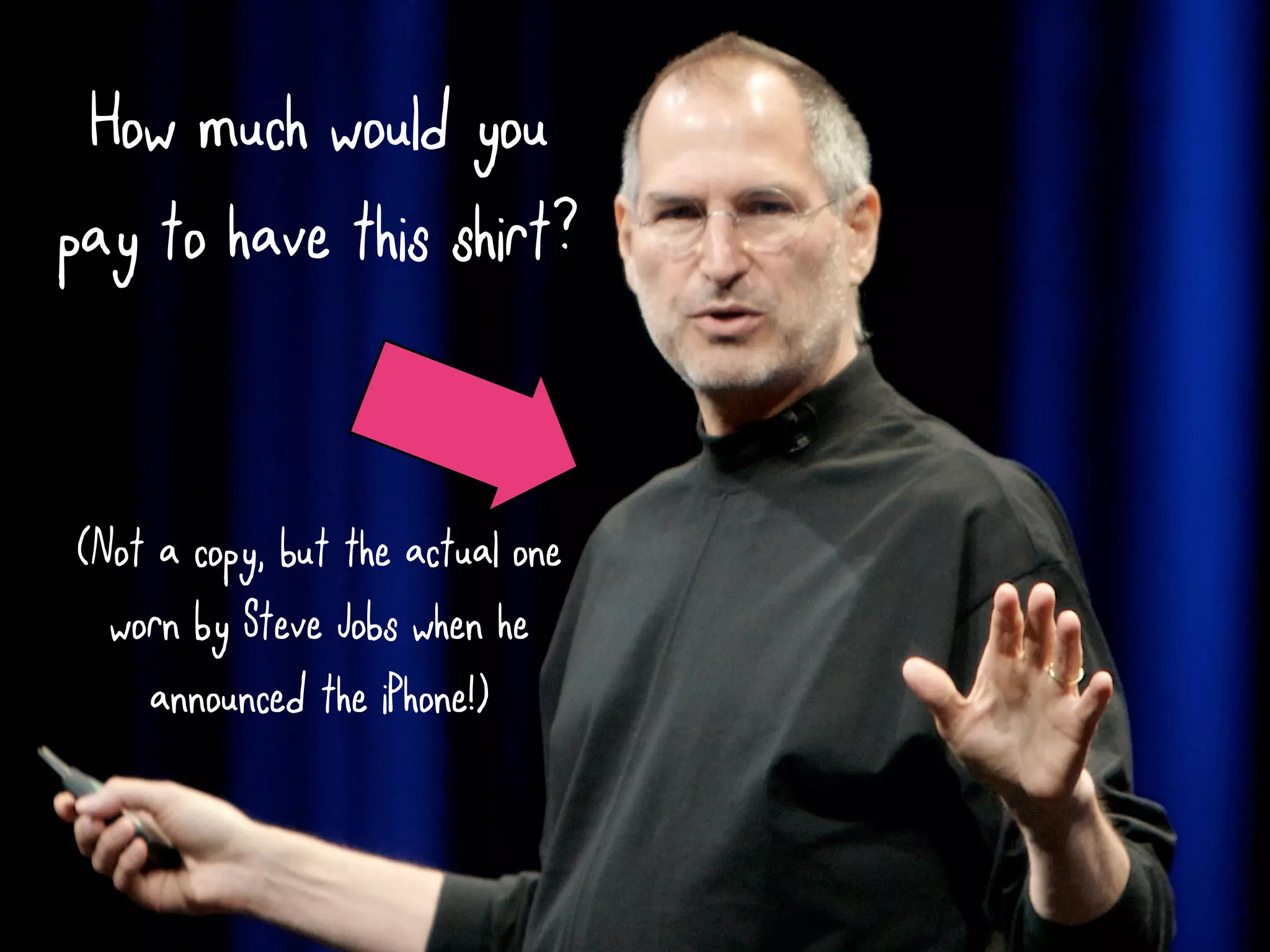 How much would you
pay to have this shirt?


(Not a copy, but the actual one
  worn by Steve Jobs when he
    announced the iPhone!)
 