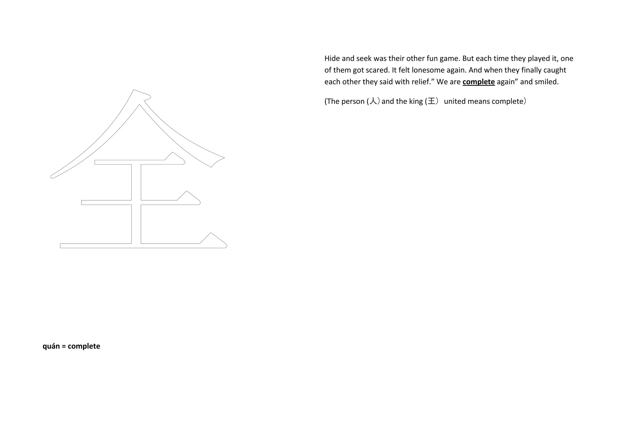 quán = complete
Hide and seek was their other fun game. But each time they played it, one
of them got scared. It felt lonesome again. And when they finally caught
each other they said with relief.” We are complete again” and smiled.
(The person (人)and the king (王) united means complete)
 