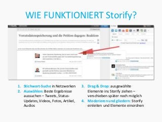 WIE FUNKTIONIERT Storify?




1. Stichwort-Suche in Netzwerken      3. Drag & Drop: ausgewählte
2. Auswählen: Beste Ergebnisse           Elemente ins Storify ziehen –
   aussuchen – Tweets, Status-           verschieben später noch möglich
   Updates, Videos, Fotos, Artikel,   4. Moderieren und gliedern: Storify
   Audios                                einleiten und Elemente einordnen
 