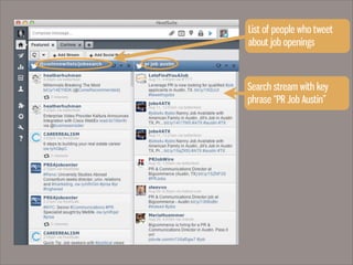 List of people who tweet
about job openings
Search stream with key
phrase “PR Job Austin”