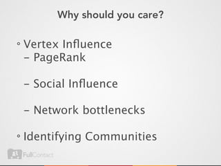 Why should you care?

Vertex Inﬂuence
- PageRank

- Social Inﬂuence

- Network bottlenecks

Identifying Communities
 