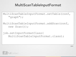 MultiScanTableInputFormat

MultiScanTableInputFormat.setTable(conf,
   "graph");

MultiScanTableInputFormat.addScan(conf,
   new Scan());

job.setInputFormatClass(
   MultiScanTableInputFormat.class);


                                          java
 