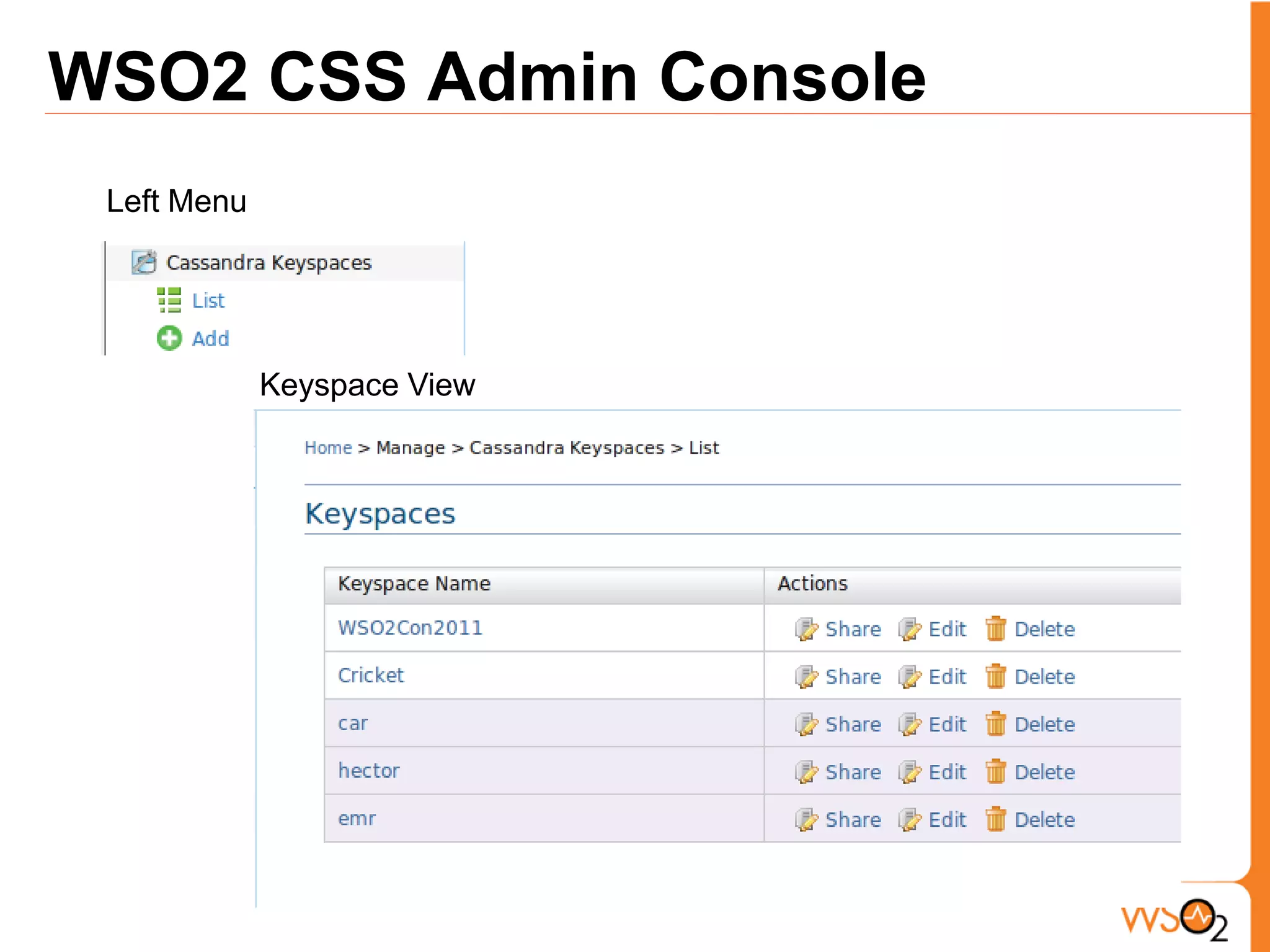 WSO2 CSS Admin Console
 Left Menu




             Keyspace View
 