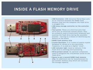 1.USB Co nnector: USB (Universal Serial Bus) acts
as an interface between the NAND flash
memory chip and the computer the flash drive
is plugged into.
2.USB m a ss s torage c ontroller ( or t he c ontroller
c hip)
3.Test p oints : These are electrical pins that
serve only as electrical contact points. They
are primarily used to electrically stimulate and
exercise the flash drive during the assembly
process – serving as a means of identifying any
defects on the board.
4.N AND flash m emory c hip
5.Crystal Oscillator: It is a piece of quartz crystal
designed to vibrate at a very particular
frequency. It is used as a digital “clock”.
6.L ED i ndicator l ight : Used to indicate if the
flash drive is working and functioning
7.Write-protect s witch: An optional component
used to safeguard the information saved on the
flash drive.
8.Space t o p ut a s econd N AND flash m emory
c hip: An additional slot for manufacturers to
put another memory chip which can increase
the storage capacity
INSIDE A FLASH MEMORY DRIVE
 