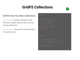 GridFS Collections
GridFS Uses Two Main Collections:
fs.files: Contains metadata like
filename, length, upload date, and file
chunk references.
fs.chunks: Stores the actual file data
in small chunks.
fs.files:
{
"_id": ObjectId("file_id"),
"filename": "example.jpg",
"length": 2097152,
"chunkSize": 255000,
"uploadDate": ISODate("2024-10-
02T10:05:00Z")
}
fs.chunks:
{
"_id": ObjectId("chunk_id"),
"files_id": ObjectId("file_id"),
"n": 0,
"data": <binary data>
}
 