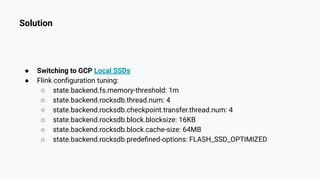 Solution
● Switching to GCP Local SSDs
● Flink conﬁguration tuning:
○ state.backend.fs.memory-threshold: 1m
○ state.backend.rocksdb.thread.num: 4
○ state.backend.rocksdb.checkpoint.transfer.thread.num: 4
○ state.backend.rocksdb.block.blocksize: 16KB
○ state.backend.rocksdb.block.cache-size: 64MB
○ state.backend.rocksdb.predeﬁned-options: FLASH_SSD_OPTIMIZED
 