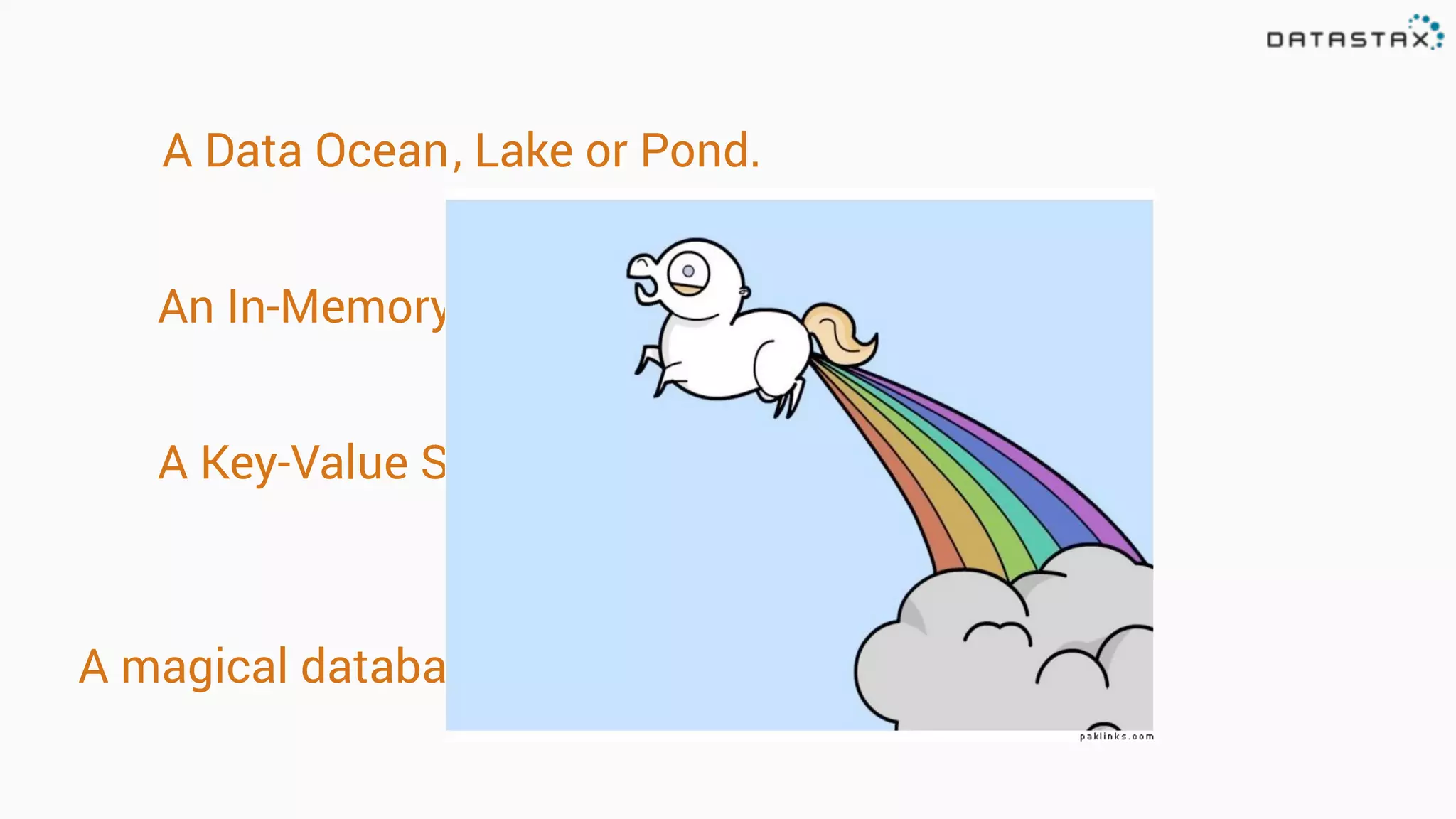 A Data Ocean or Pond., Lake
An In-Memory Database
A Key-Value Store
A magical database unicorn that farts rainbows
 