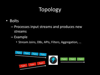 Topology
• Bolts
  – Processes input streams and produces new
    streams
  – Example
     • Stream Joins, DBs, APIs, Filters, Aggregation, …
 