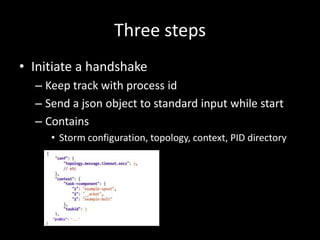 Three steps
• Initiate a handshake
  – Keep track with process id
  – Send a json object to standard input while start
  – Contains
     • Storm configuration, topology, context, PID directory
 
